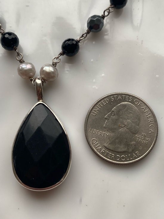 Onyx Pendant l drop double strand Necklaces, Sterling silver and Earrings - Picture 5 of 8